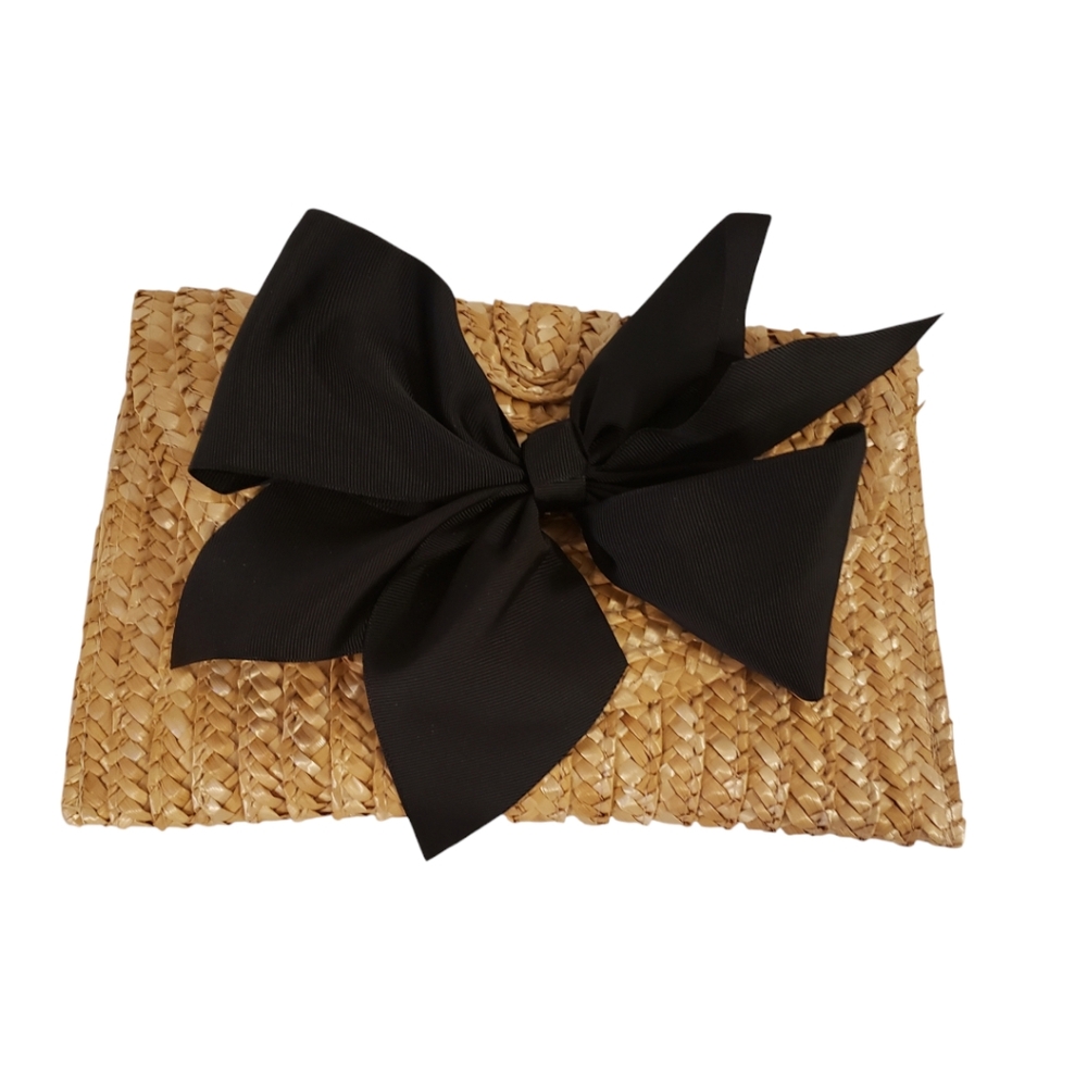Straw Clutch purse with removable Black Bow